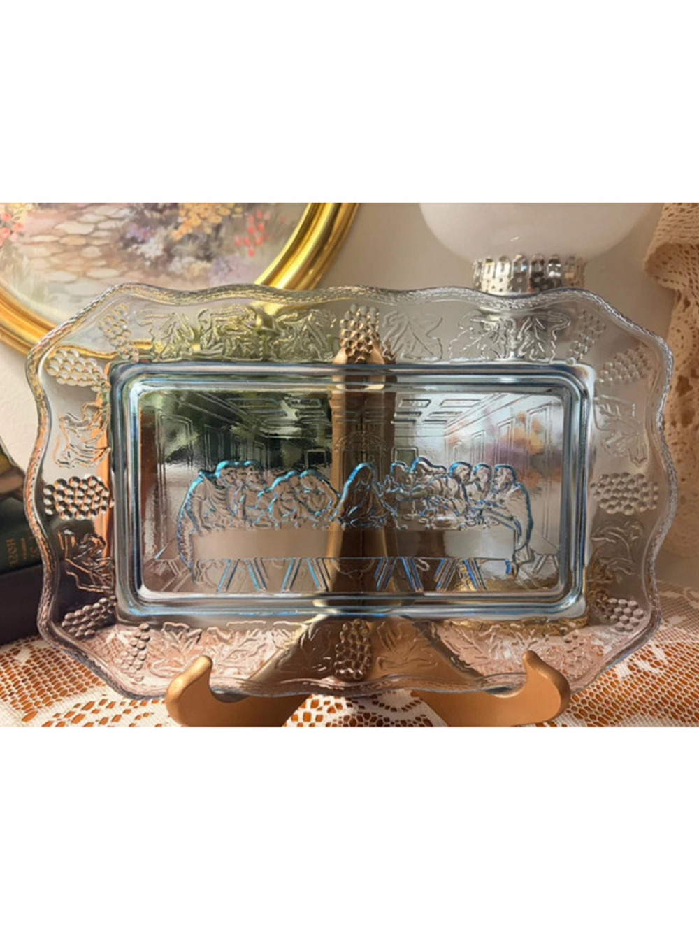 Vintage Tiara Indiana Glass Last Supper Blue Glass Tray 11 x 7